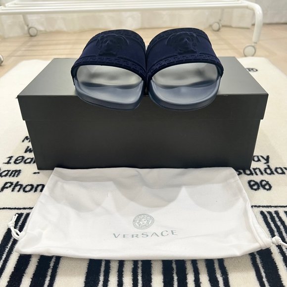 Versace Medusa Head Logo Nubuck Suede Navy Pool Slides - Picture 2 of 11